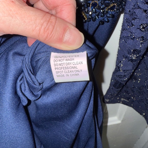 Mac Duggar special occasion gown size 18 blue lace with gold and beaded belt - Picture 11 of 15